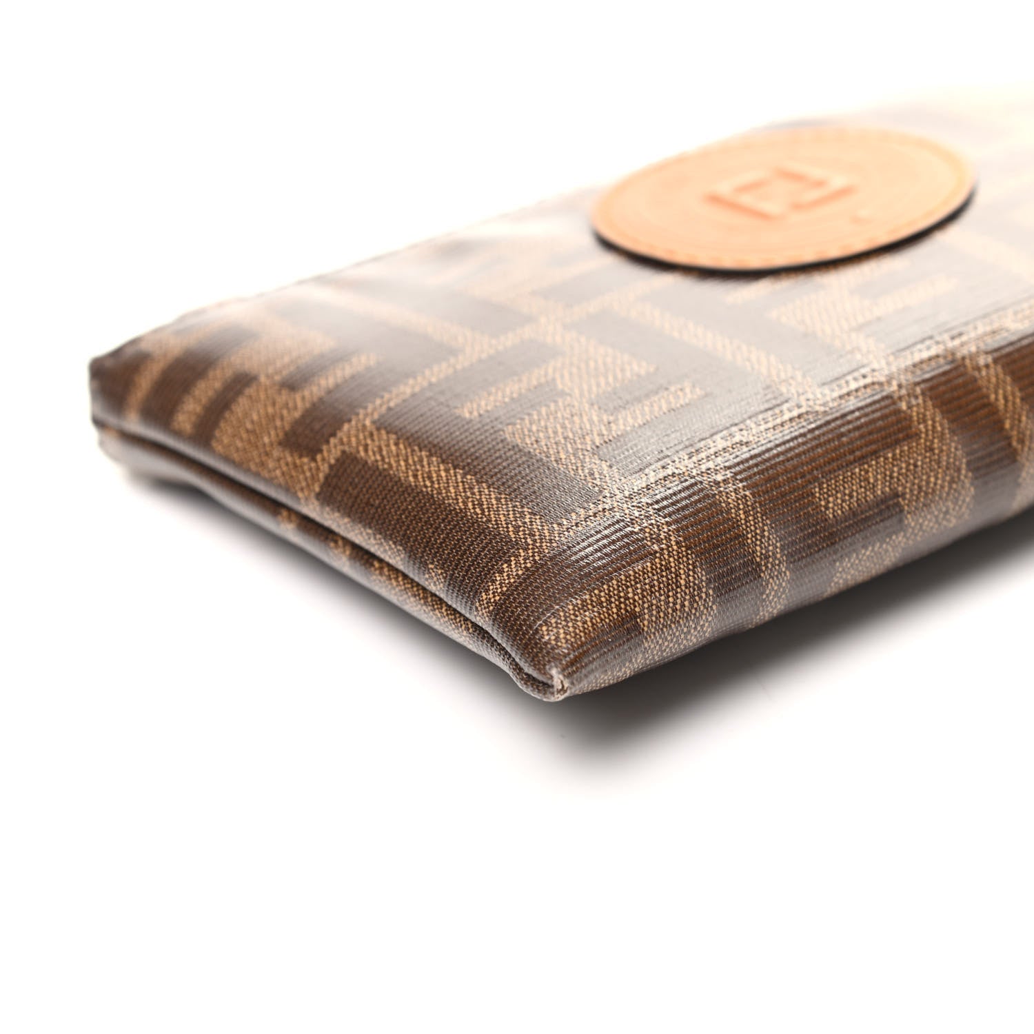 Fendi Glazed Fabric Vitello Century FF 1974 Stamp Patch XS FFreedom Flat Pouch Mogano Panna Caramello 7 of 8