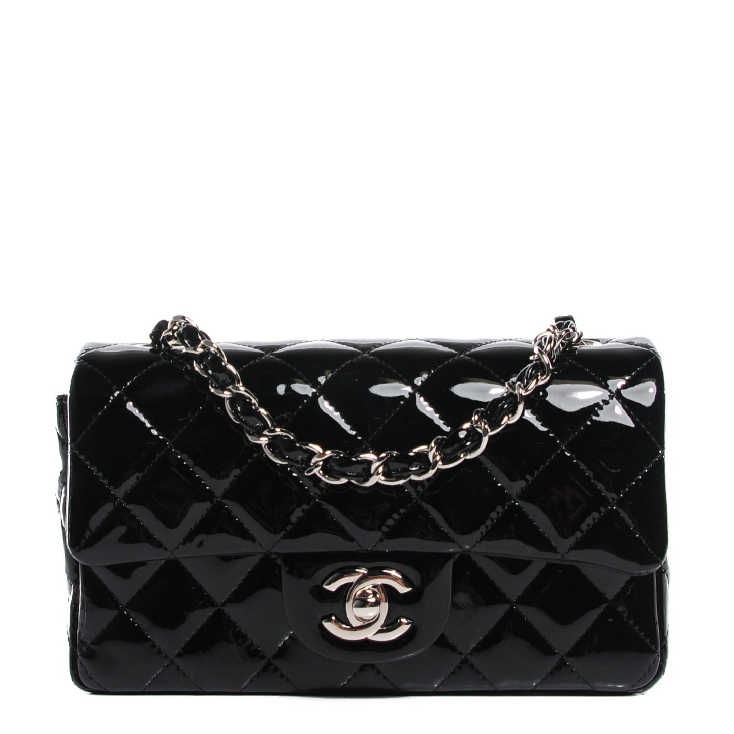 Patent Calfskin Quilted Mini Rectangular Flap Black