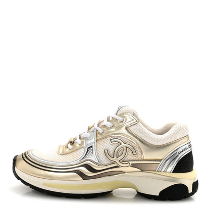 Chanel Fabric Laminated Calfskin Stretch CC Womens Sneakers 40 White Gold Silver 1 of 10