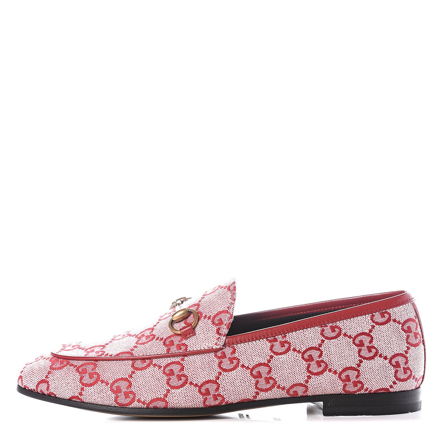 Gucci Canvas GG Monogram Horsebit Womens Jordaan Loafers 37.5 Gardenia Hibiscus Red 1 of 13