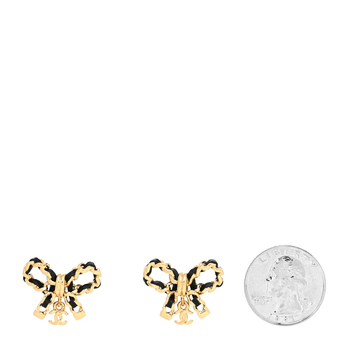 Lambskin Chain Bow Stud Earrings Black Gold