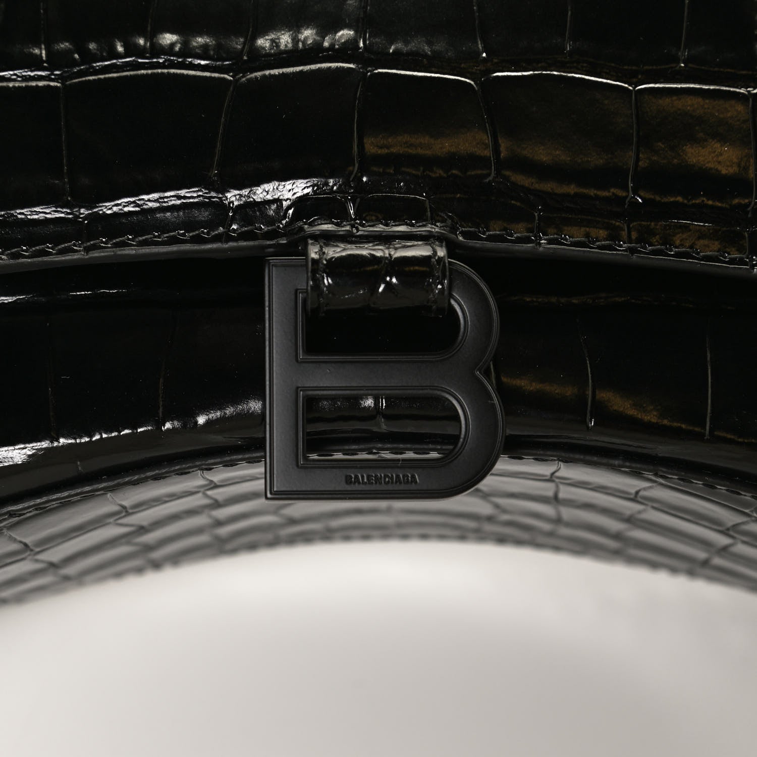 Balenciaga Shiny Calfskin Monochrome Crocodile Embossed Small Hourglass Top Handle Bag Black 7 of 10