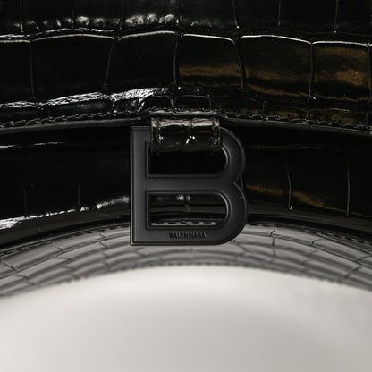 Balenciaga Shiny Calfskin Monochrome Crocodile Embossed Small Hourglass Top Handle Bag Black 7 of 10