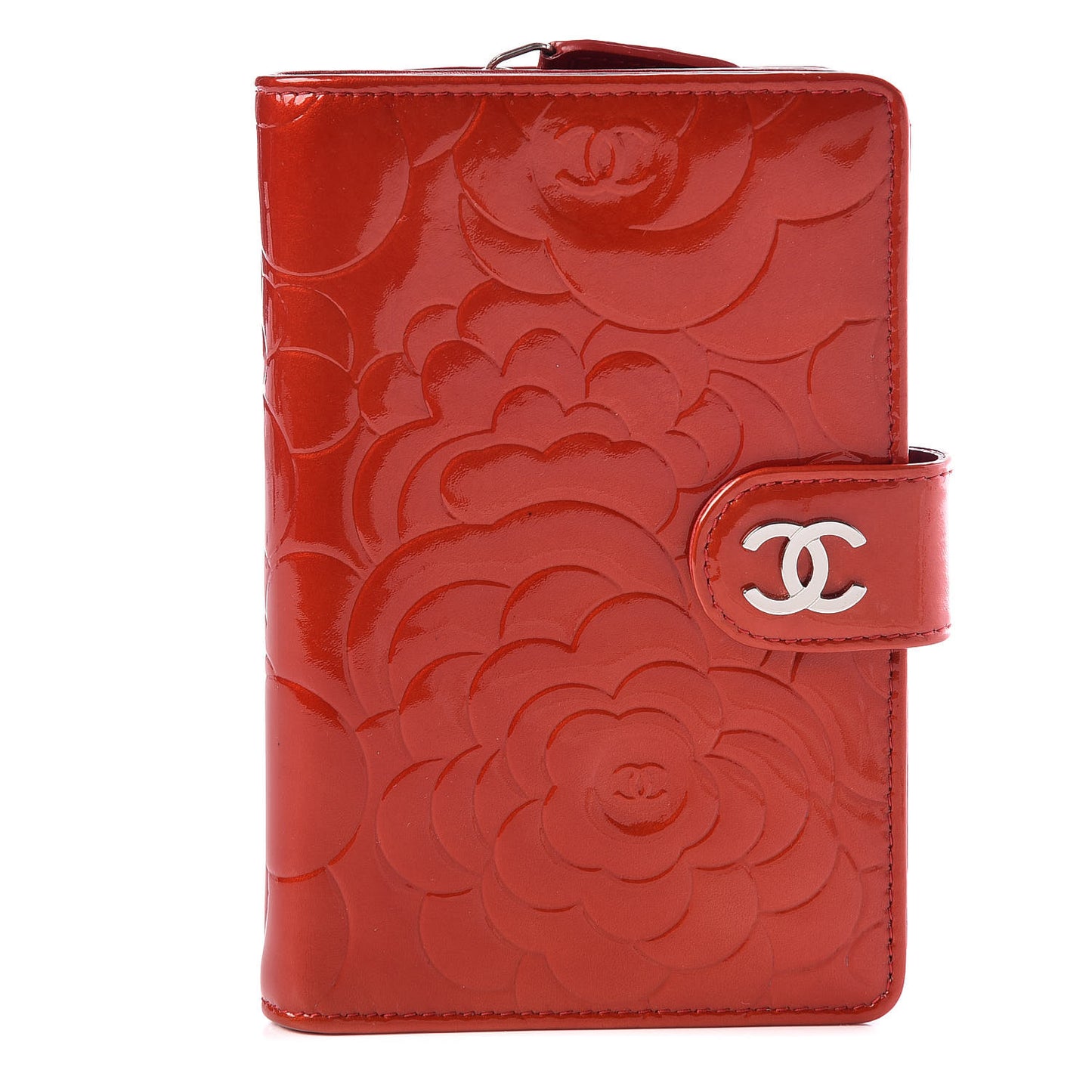 Patent Camellia Embossed Zipped Pocket Wallet Dark Red