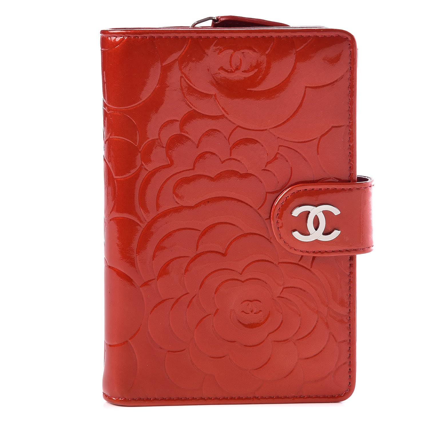 Chanel Patent Camellia Embossed Zipped Pocket Wallet Dark Red 1 of 13