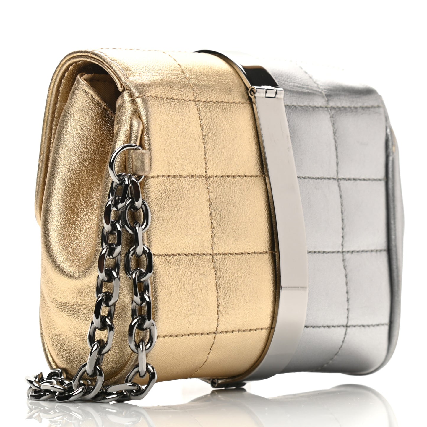 Metallic Lambskin Square Quilted Wristlet Clutch Gold Silver