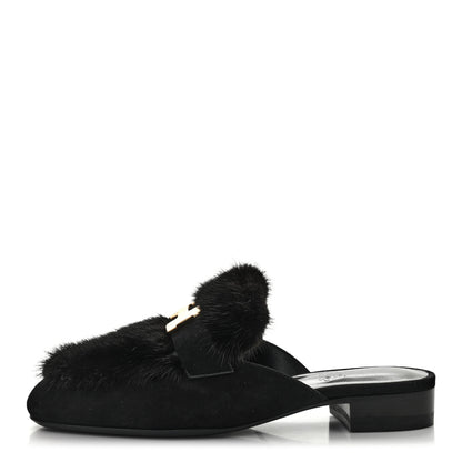 Hermes Mink Fur Suede Goatskin Trocadero Mule 35 Black 1 of 7