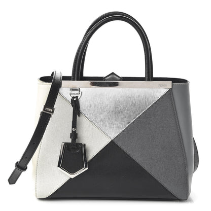 Fendi Vitello Elite Calfskin Colorblock Petite 2Jours Tote Black Multicolor White Argento 1 of 10