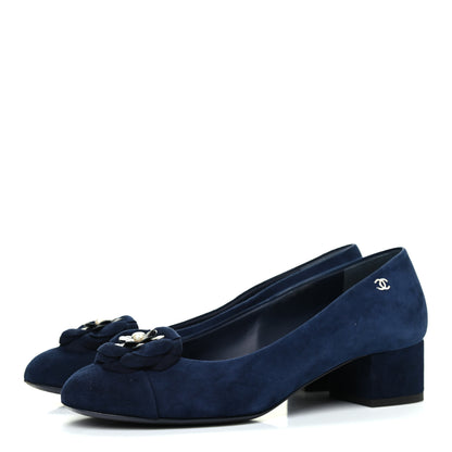 Chanel Kid Suede Pearl Camellia Cap Toe Pumps 38 Navy 3 of 12