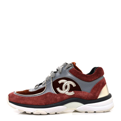 Chanel Suede Velvet Lambskin CC Sneakers 36 Burgundy Grey 1 of 9