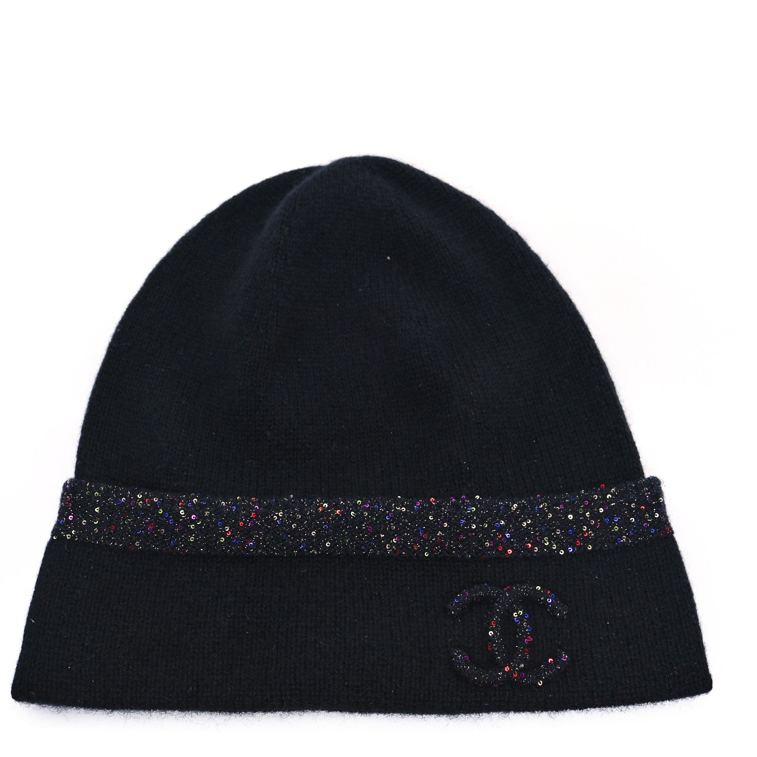 Chanel Cashmere Silk Sequin CC Logo Beanie Hat Black Multicolor 1 of 4