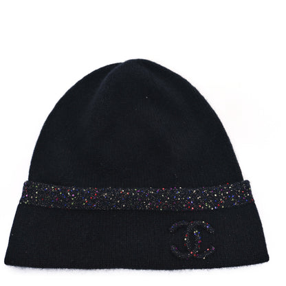Chanel Cashmere Silk Sequin CC Logo Beanie Hat Black Multicolor 1 of 4
