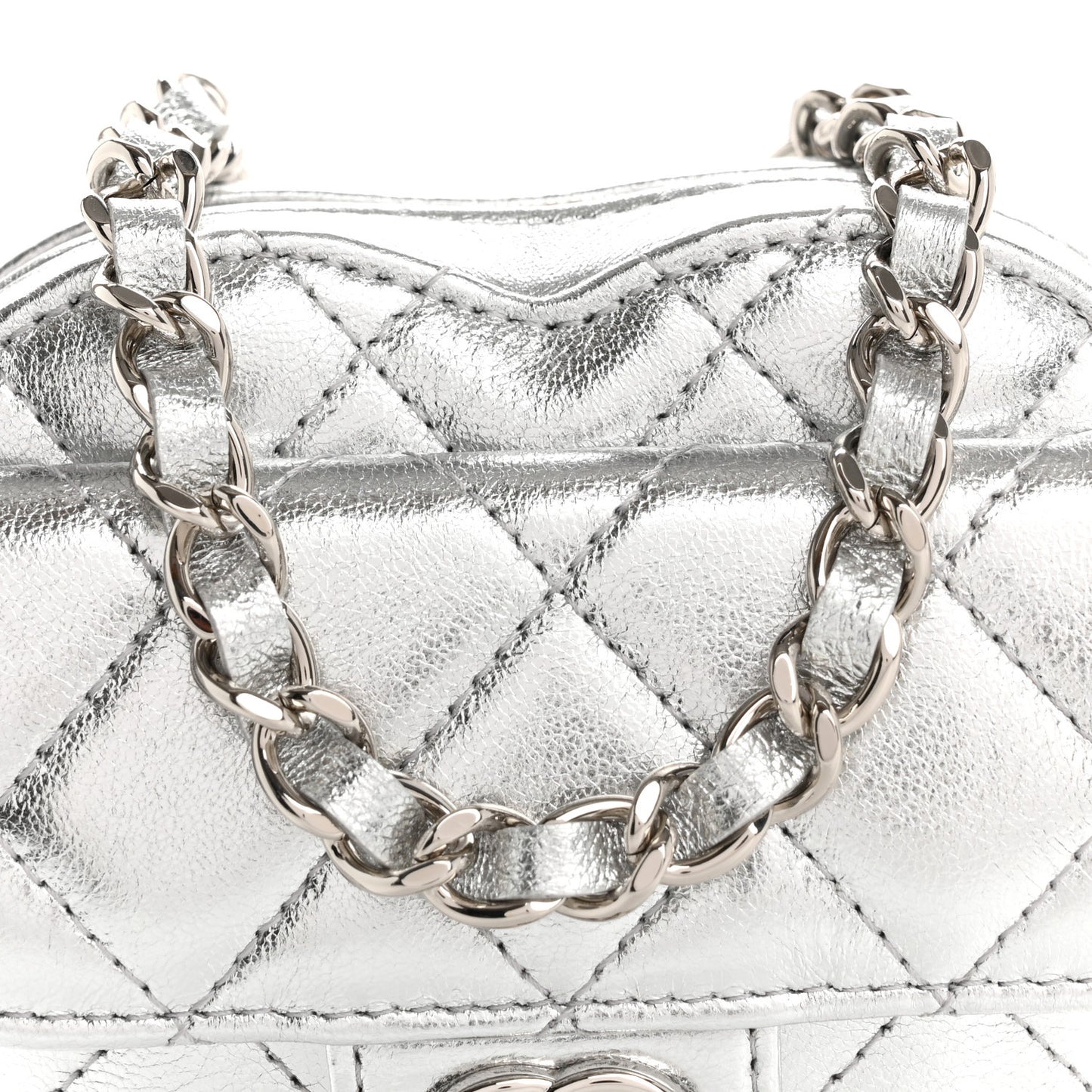 Metallic Lambskin Quilted CC In Love Heart Waist Belt Bag With Chain Silver