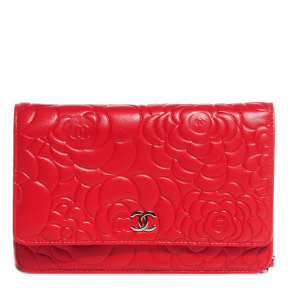 Chanel Lambskin Camellia Embossed Wallet On Chain WOC Red 1 of 8
