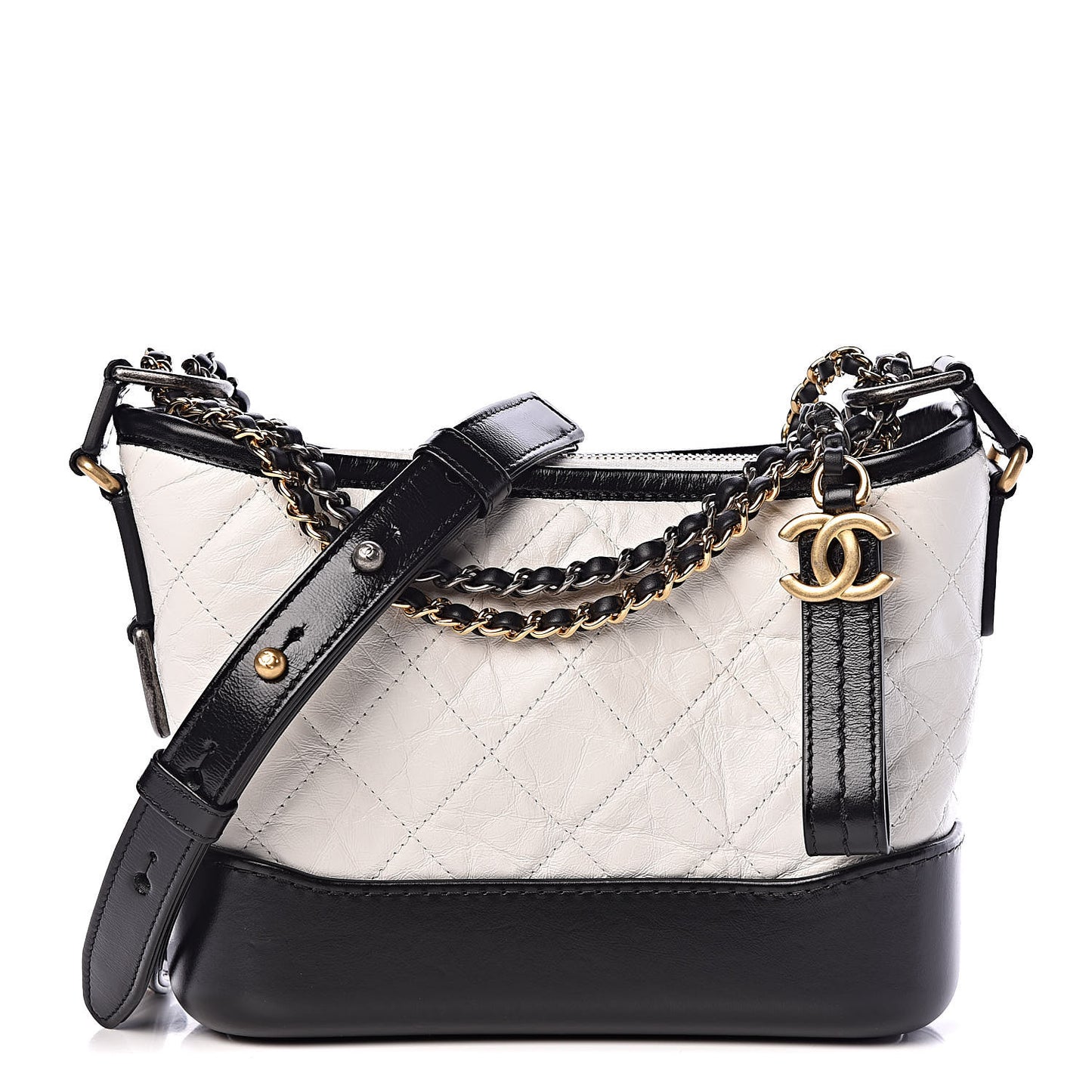 Aged Calfskin Quilted Small Gabrielle Hobo Black White