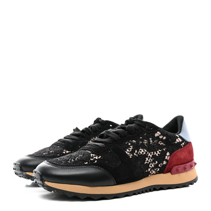 Valentino Garavani Calfskin Suede Macrame Lace Rockstud Sneakers 38.5 Black 3 of 9