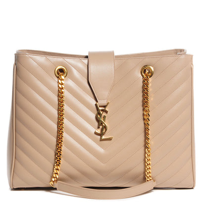 Saint Laurent Grain De Poudre Matelasse Chevron Monogram Shopping Bag Dark Beige 1 of 9
