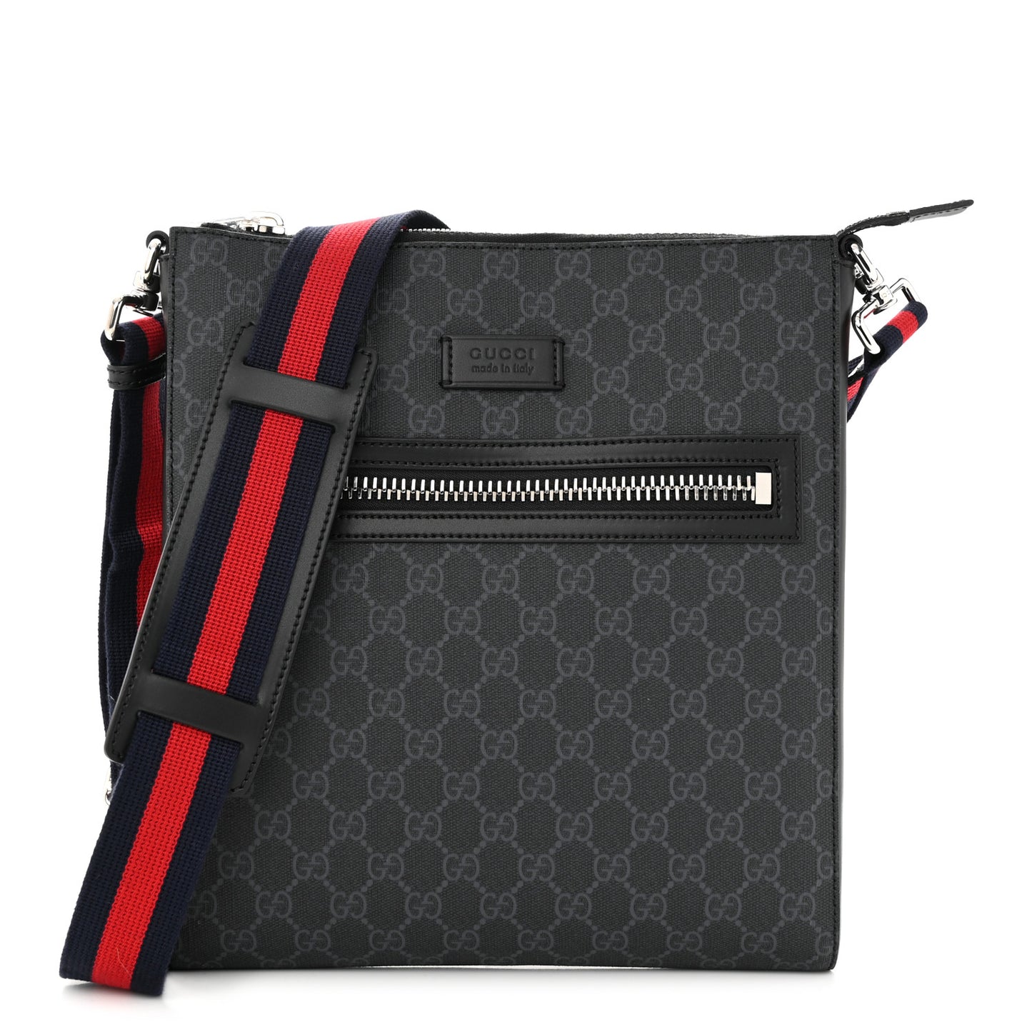 GG Supreme Monogram Appia Calfskin Web Flat Messenger Bag Black Grey
