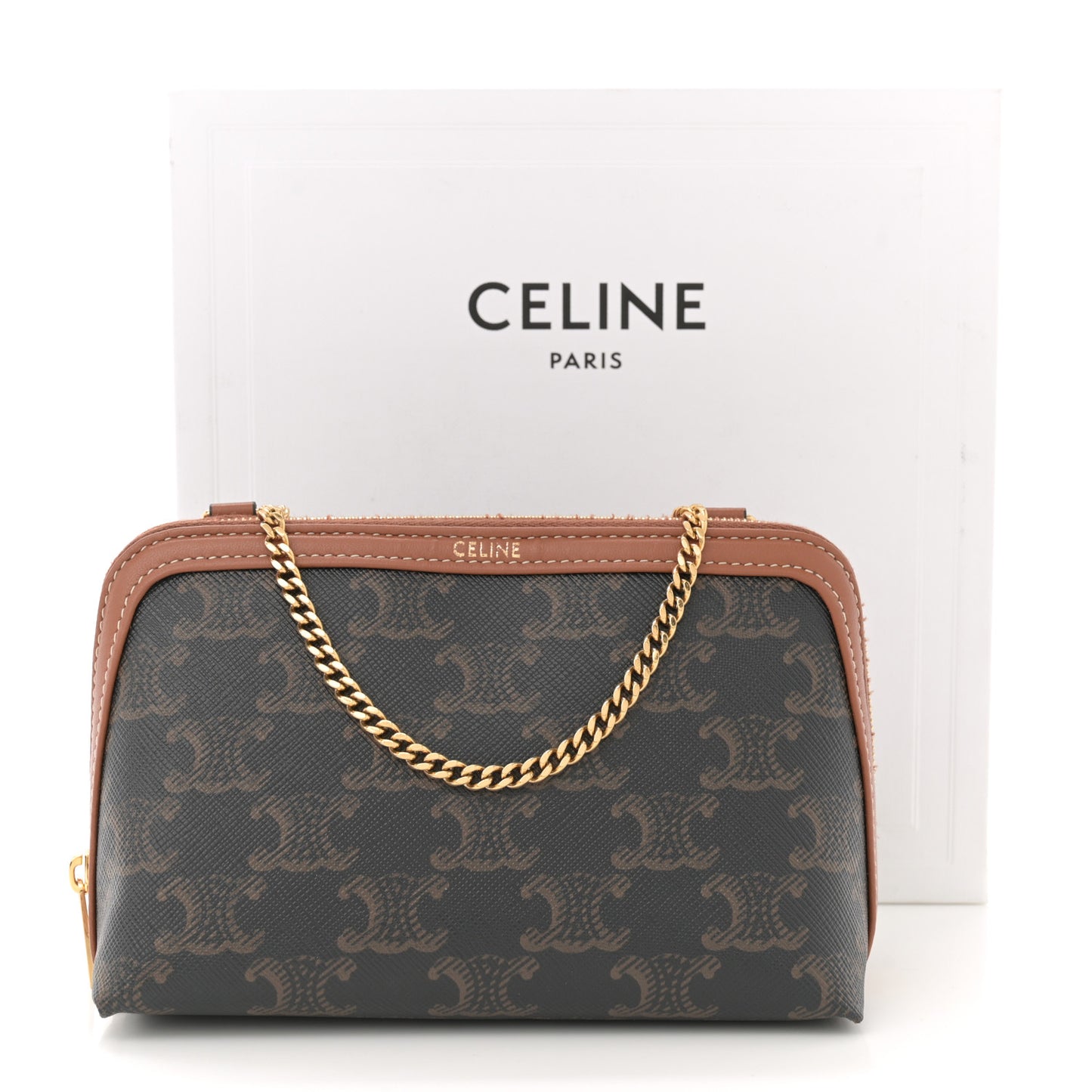 Triomphe Canvas Lambskin Clutch On Chain Tan