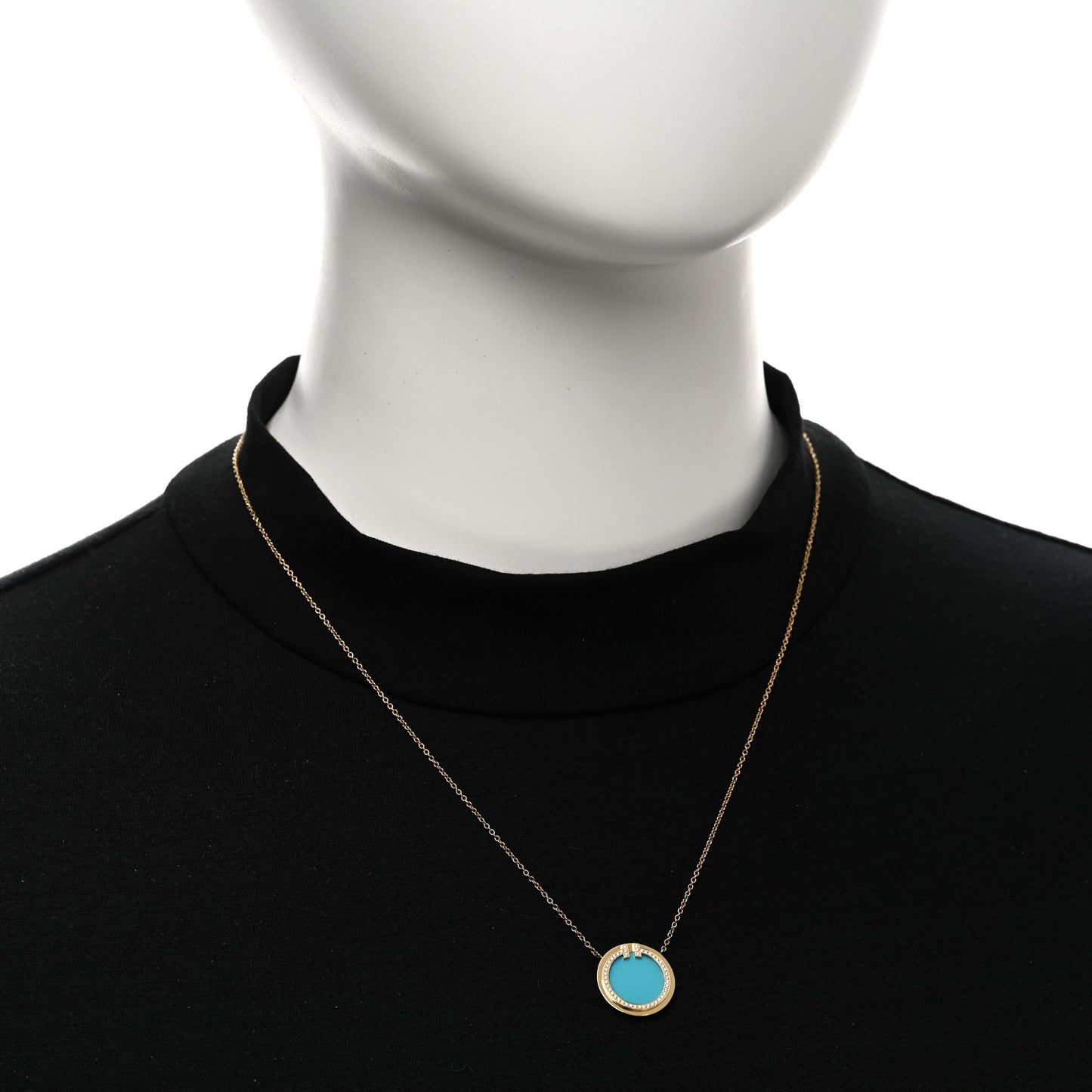 18K Yellow Gold Diamond Turquoise T Circle Pendant Necklace