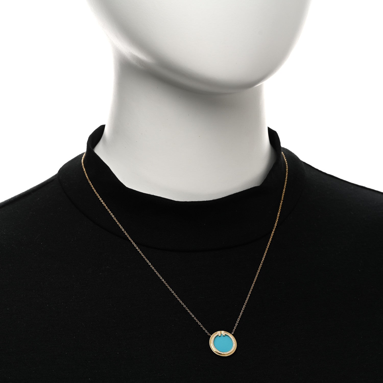 Tiffany 18K Yellow Gold Diamond Turquoise T Circle Pendant Necklace 2 of 6