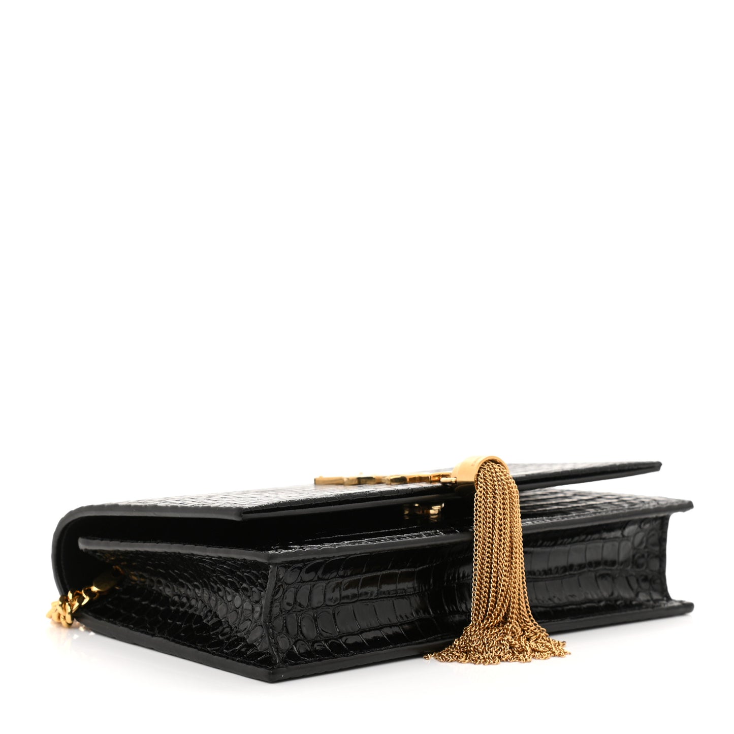 Calfskin Crocodile Embossed Kate Monogram Tassel Chain Wallet Black
