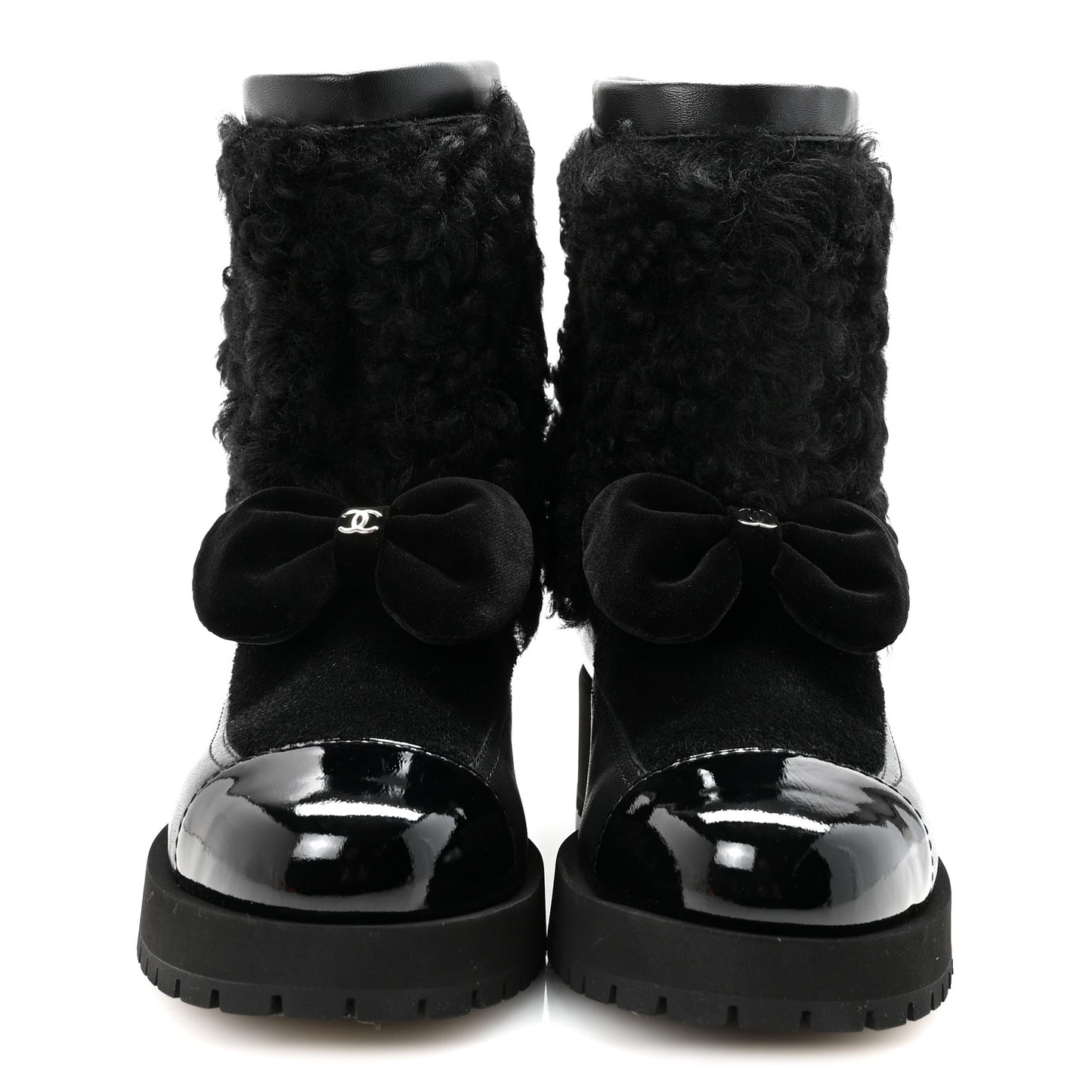 Shearling Lambskin Calfskin Patent Bow Short Boots 36 Black