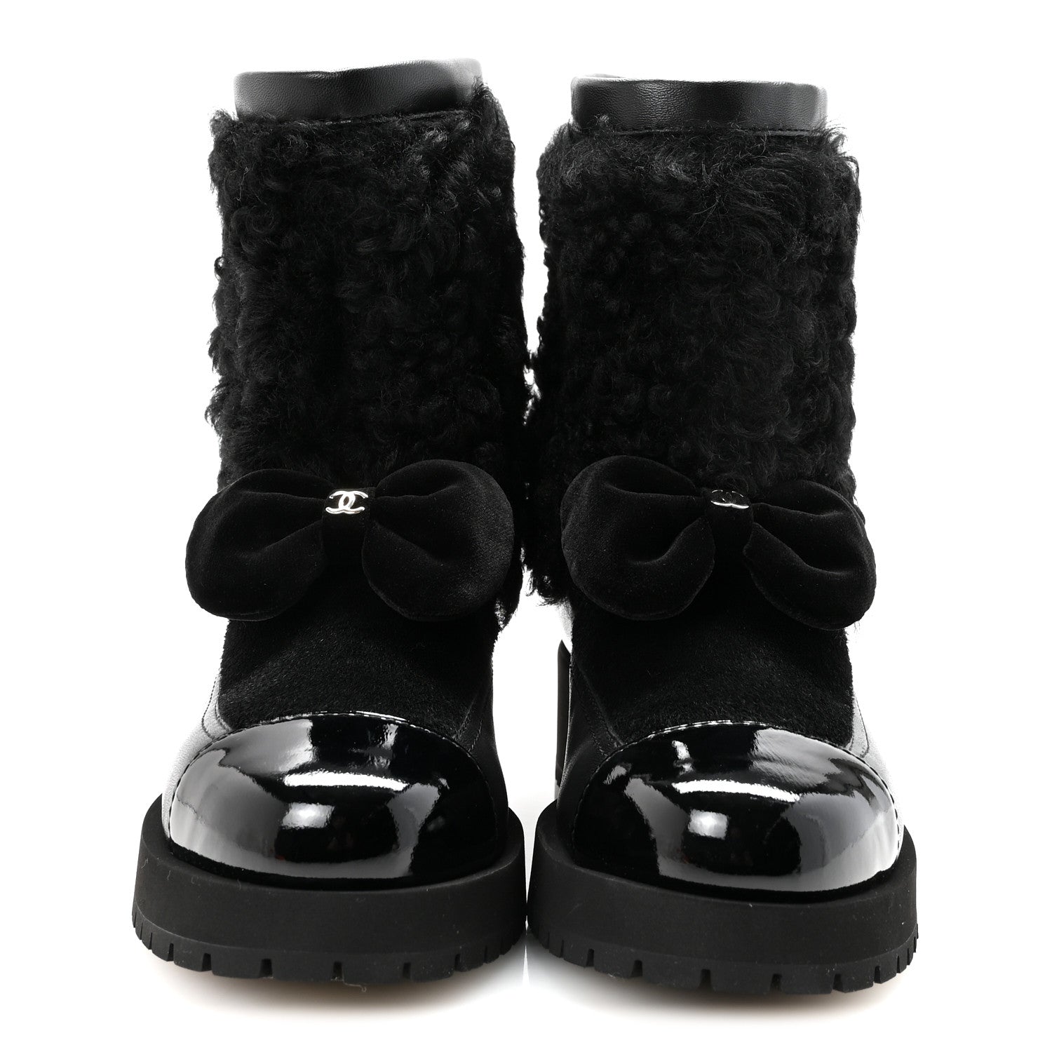 Chanel Shearling Lambskin Calfskin Patent Bow Short Boots 36 Black 3 of 10