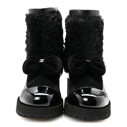 Chanel Shearling Lambskin Calfskin Patent Bow Short Boots 36 Black 3 of 10