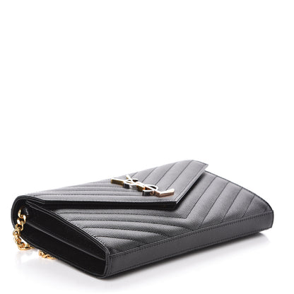 Saint Laurent Grain De Poudre Matelasse Chevron Monogram Chain Wallet Black 4 of 9