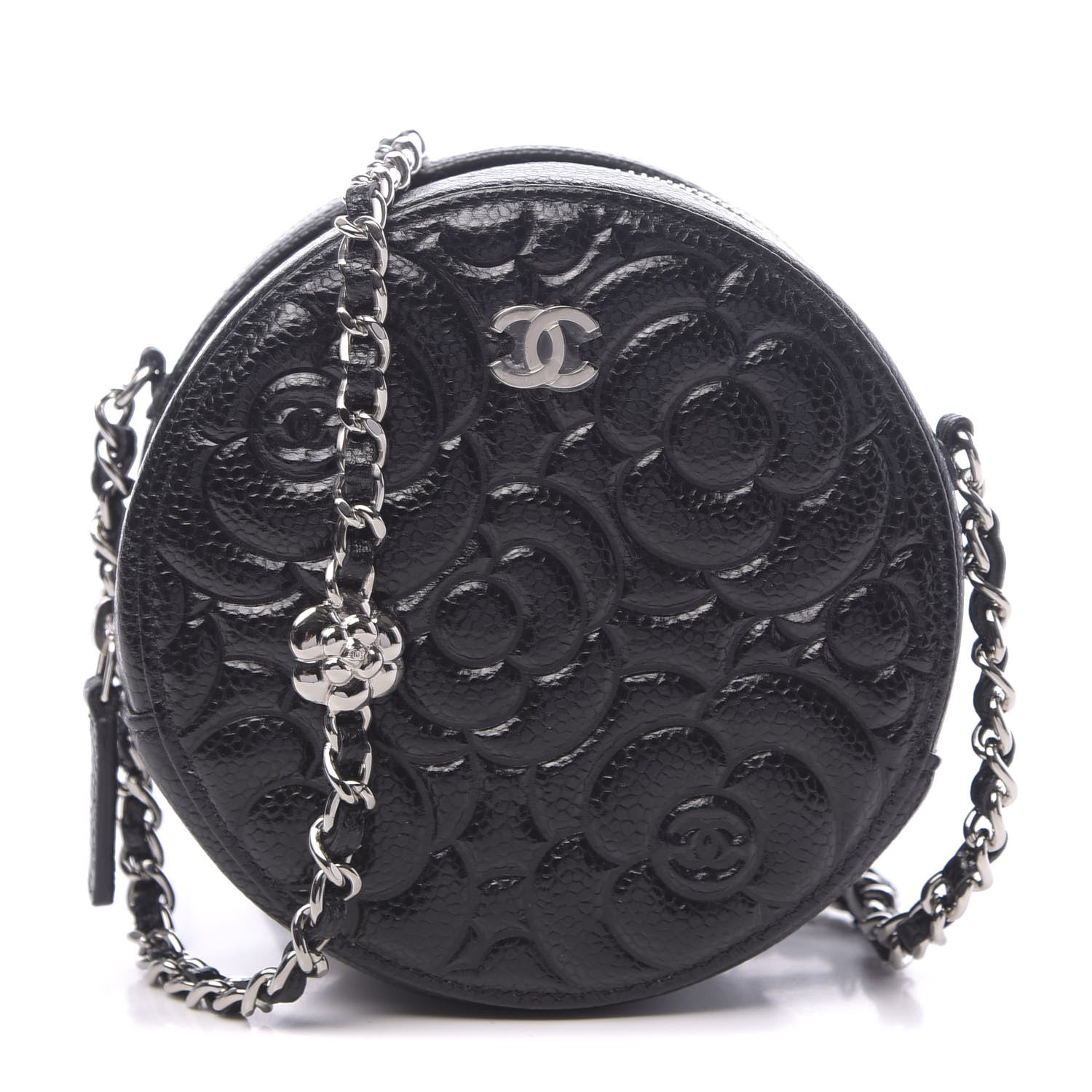 Chanel Caviar Camellia Embossed Round Clutch With Chain Black 1 of 12