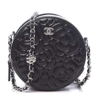 Chanel Caviar Camellia Embossed Round Clutch With Chain Black 1 of 12