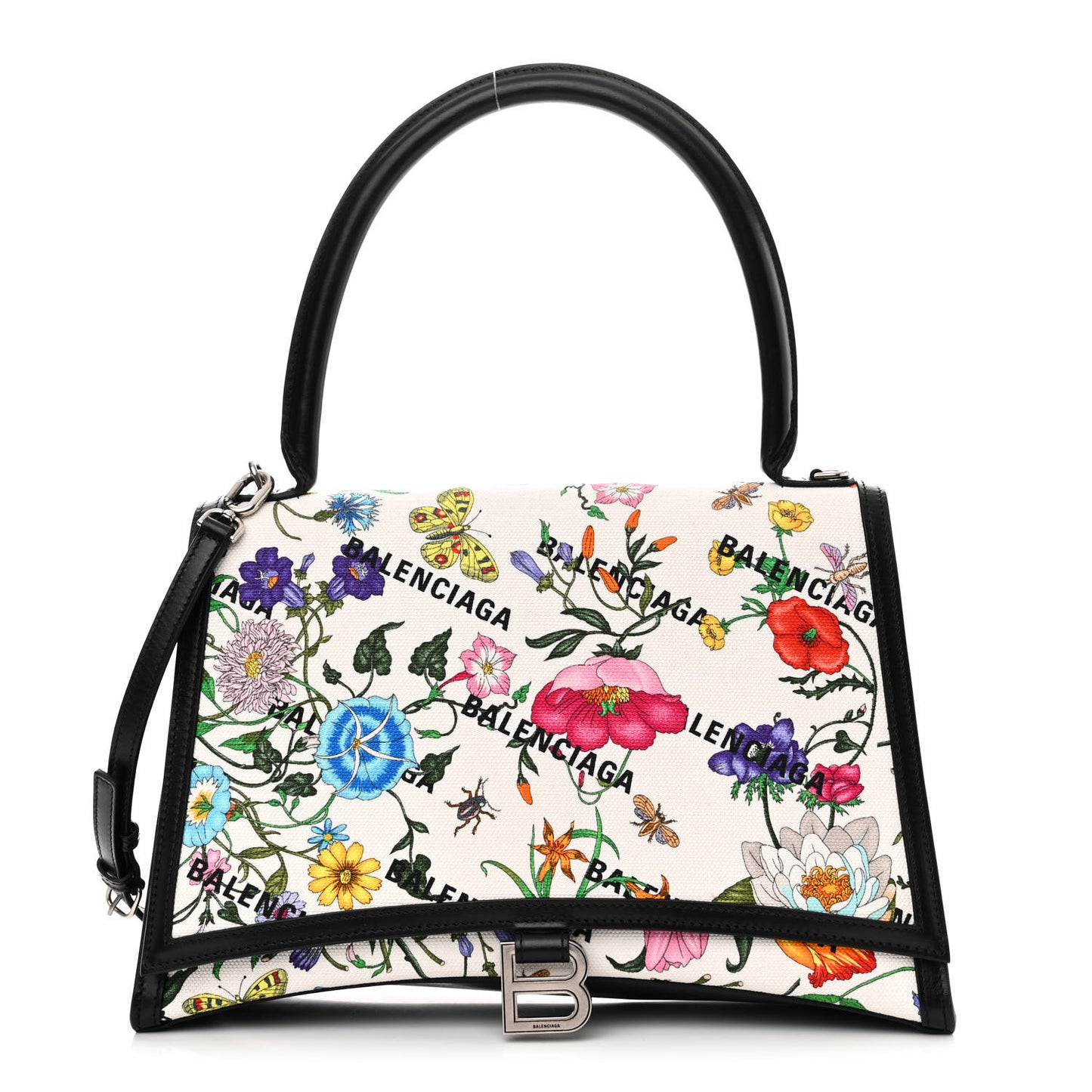 X GUCCI Canvas Boarded Pluton Calfskin Flora Logo Print Medium Hourglass Top Handle Bag White Multicolor Black