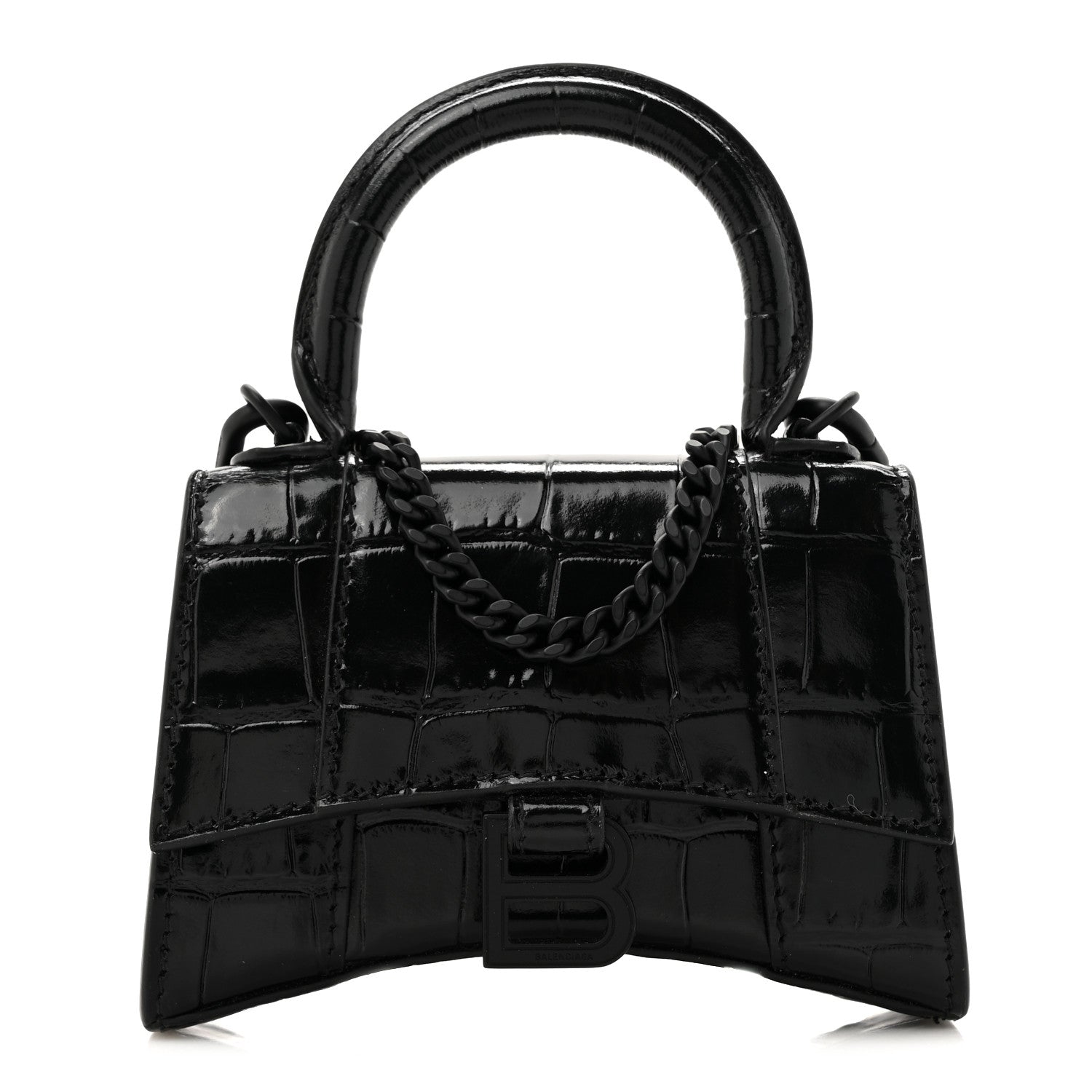 Balenciaga Shiny Calfskin Monochrome Crocodile Embossed Hourglass Top Handle Bag Mini with Chain Black 1 of 11