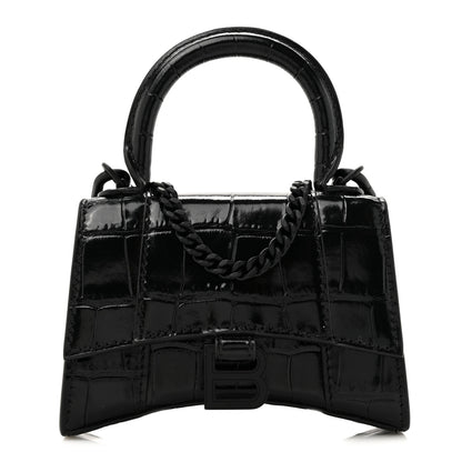Balenciaga Shiny Calfskin Monochrome Crocodile Embossed Hourglass Top Handle Bag Mini with Chain Black 1 of 11
