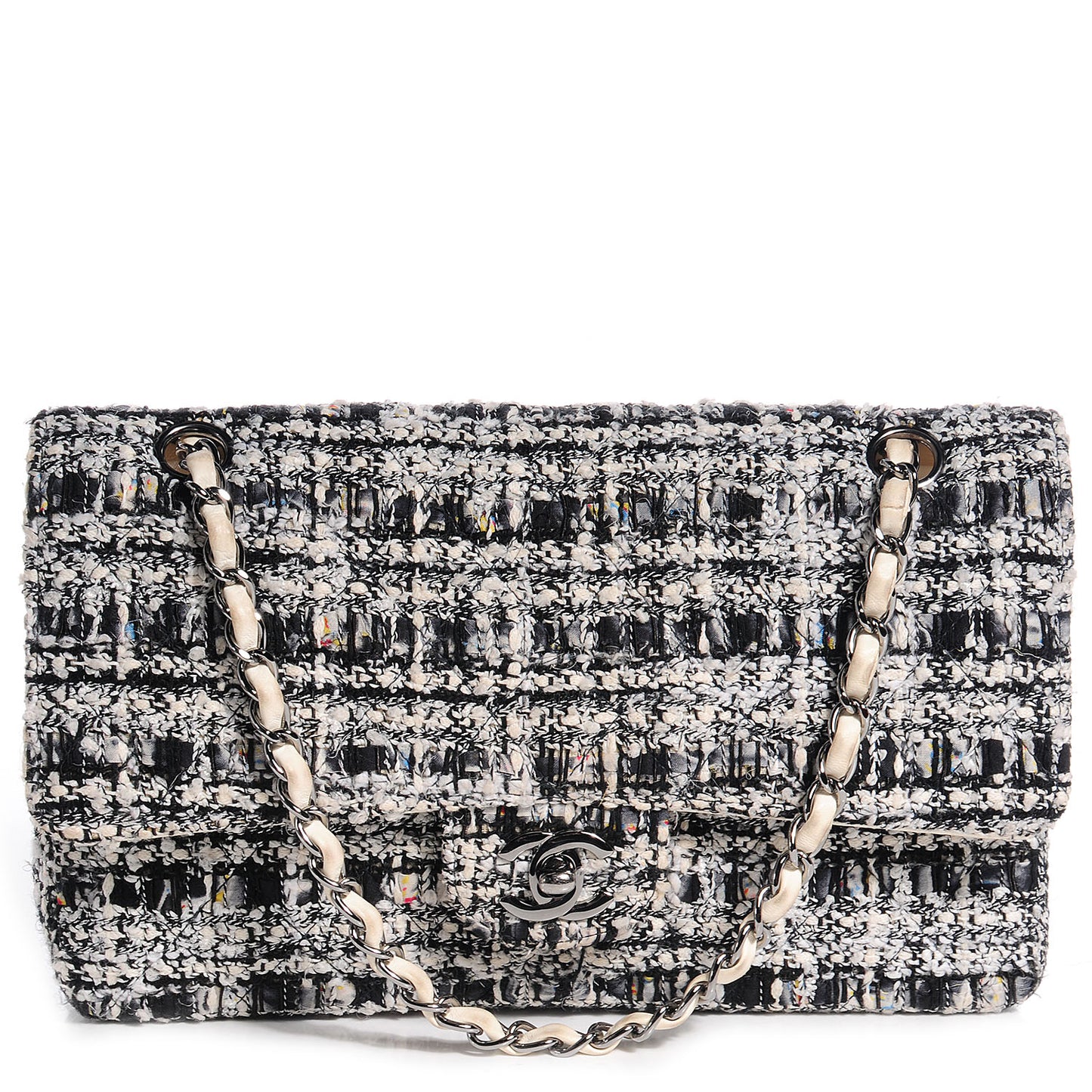 Tweed Medium Double Flap Black White