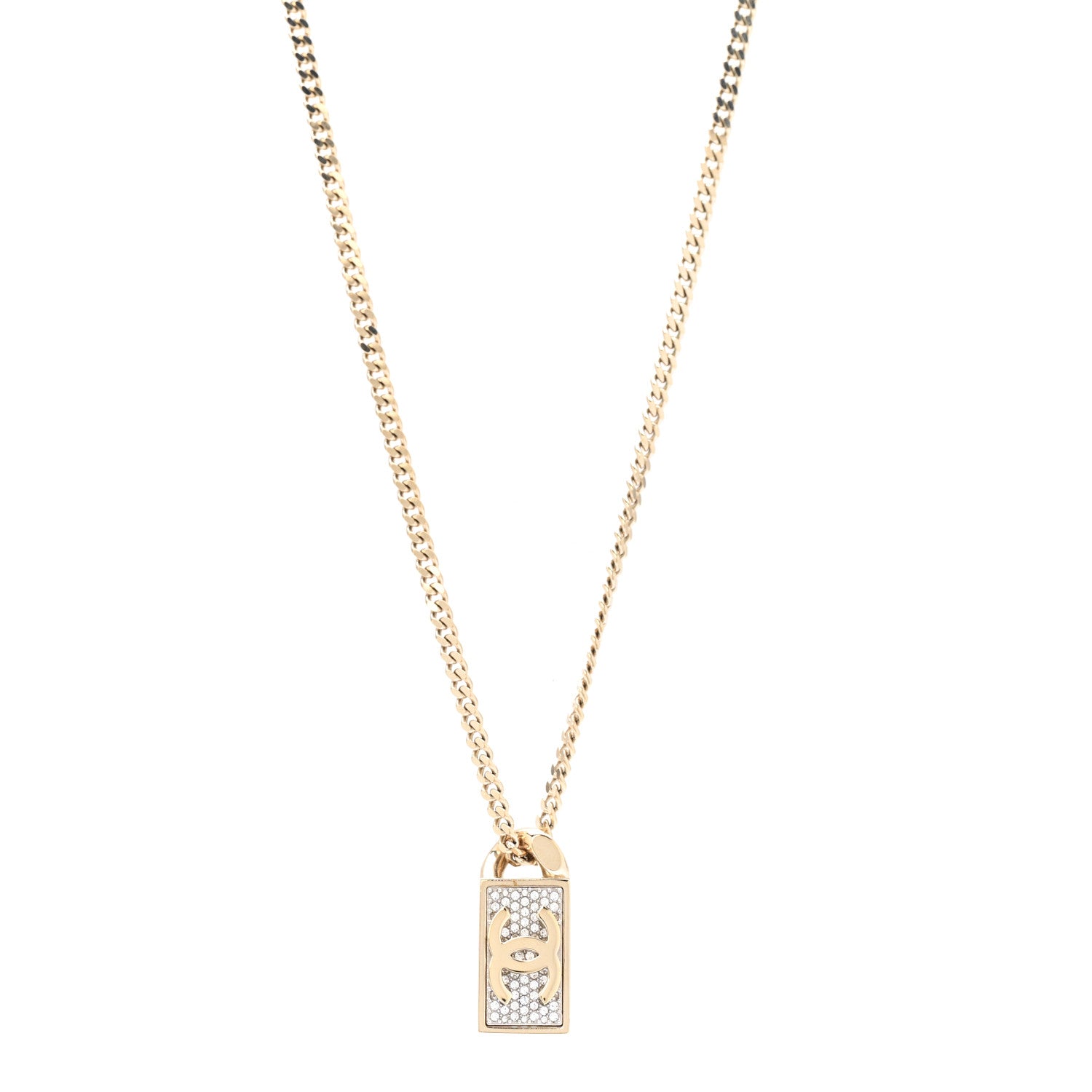 Chanel Crystal Dog Tag Charm Necklace Gold 1 of 7