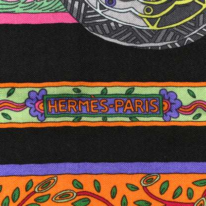 Hermes Cashmere Silk Le Songe De La Licorne Shawl 140 Black Orange Rouge Vif 2 of 6