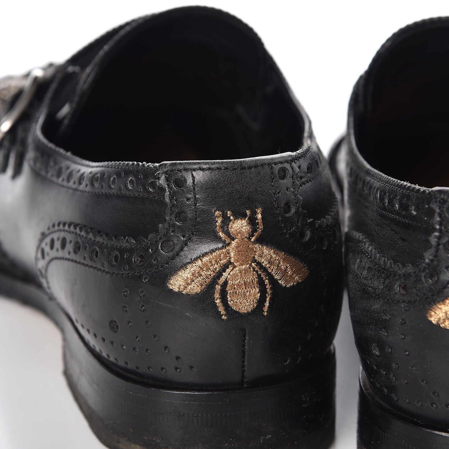 Calfskin Bee Embroidered Mens Queercore Brogue Wingtip Monk Strap Loafers 7.5 Black