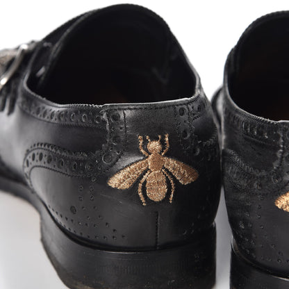 Gucci Calfskin Bee Embroidered Mens Queercore Brogue Wingtip Monk Strap Loafers 7.5 Black 13 of 17