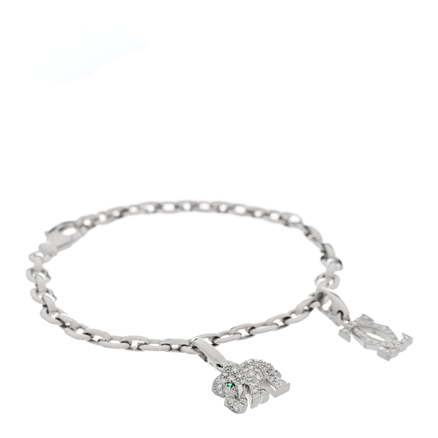 18K White Gold Diamond Emerald Double C Penelope Elephant Charm Bracelet