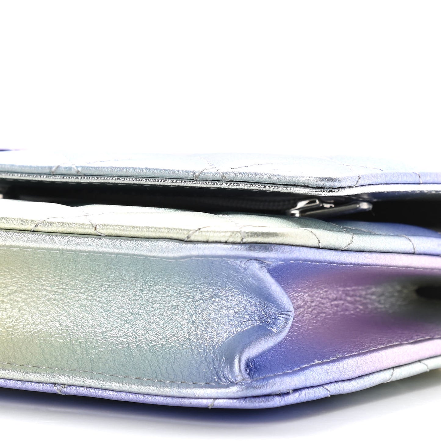 Gradient Metallic Calfskin Quilted Wallet On Chain WOC Silver Blue Yellow Purple
