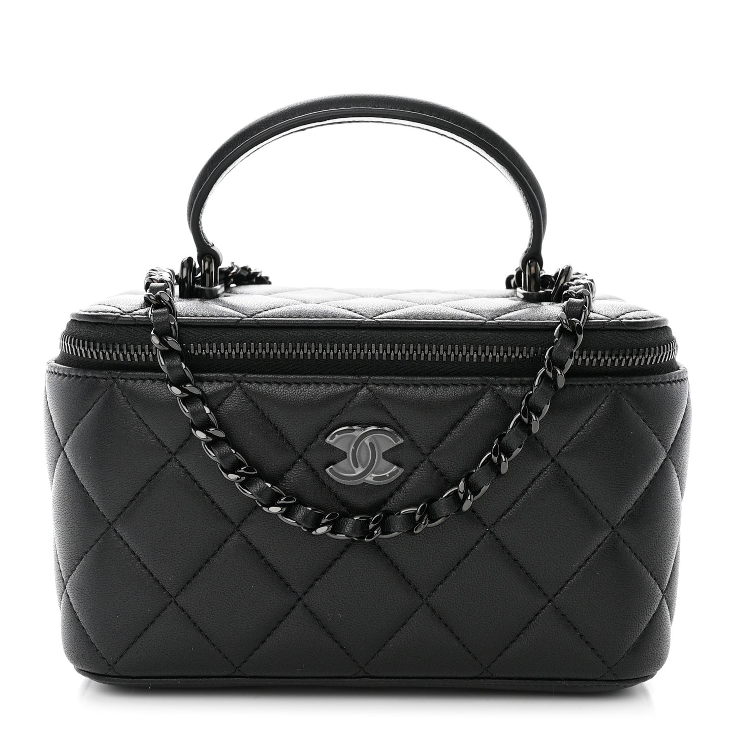 Lambskin Quilted Small Top Handle Vanity Case With Chain So Black
