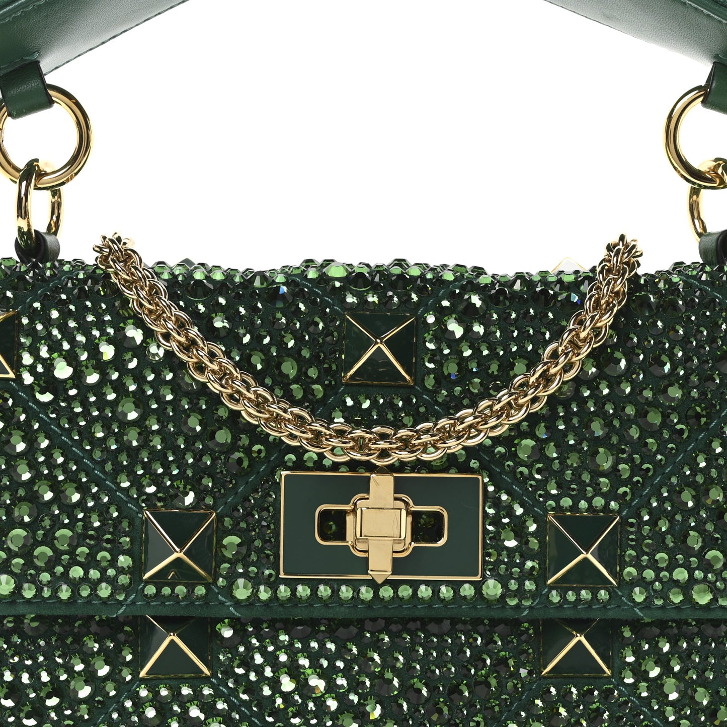 Crystal Suede Enamel Medium Roman Stud Shoulder Bag Green