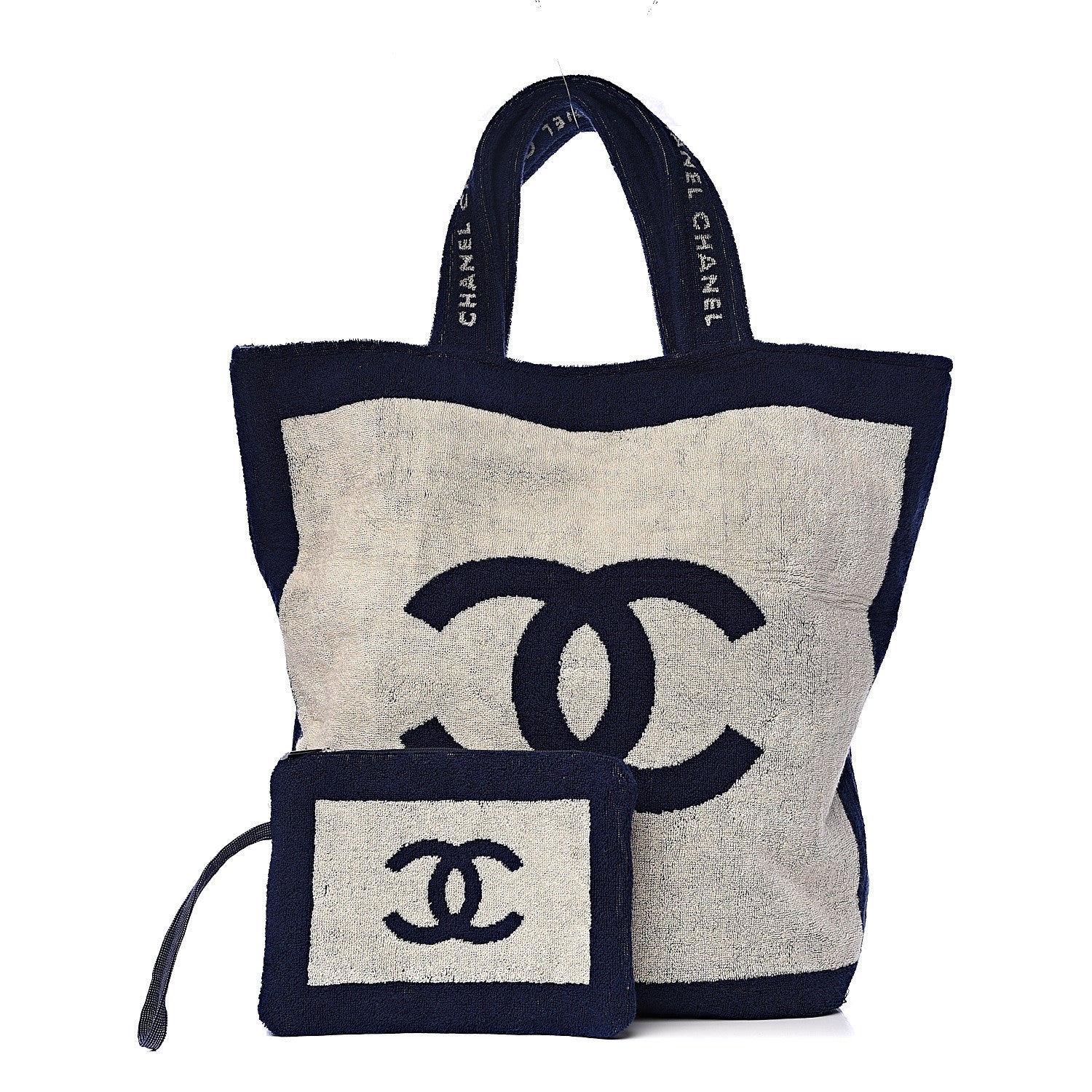 Chanel Terry Cotton CC Beach Tote Towel Set Navy Blue Beige 1 of 12