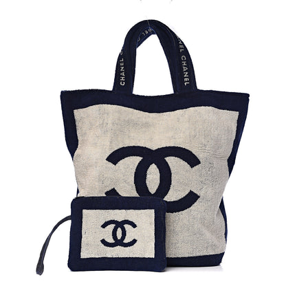 Chanel Terry Cotton CC Beach Tote Towel Set Navy Blue Beige 1 of 12