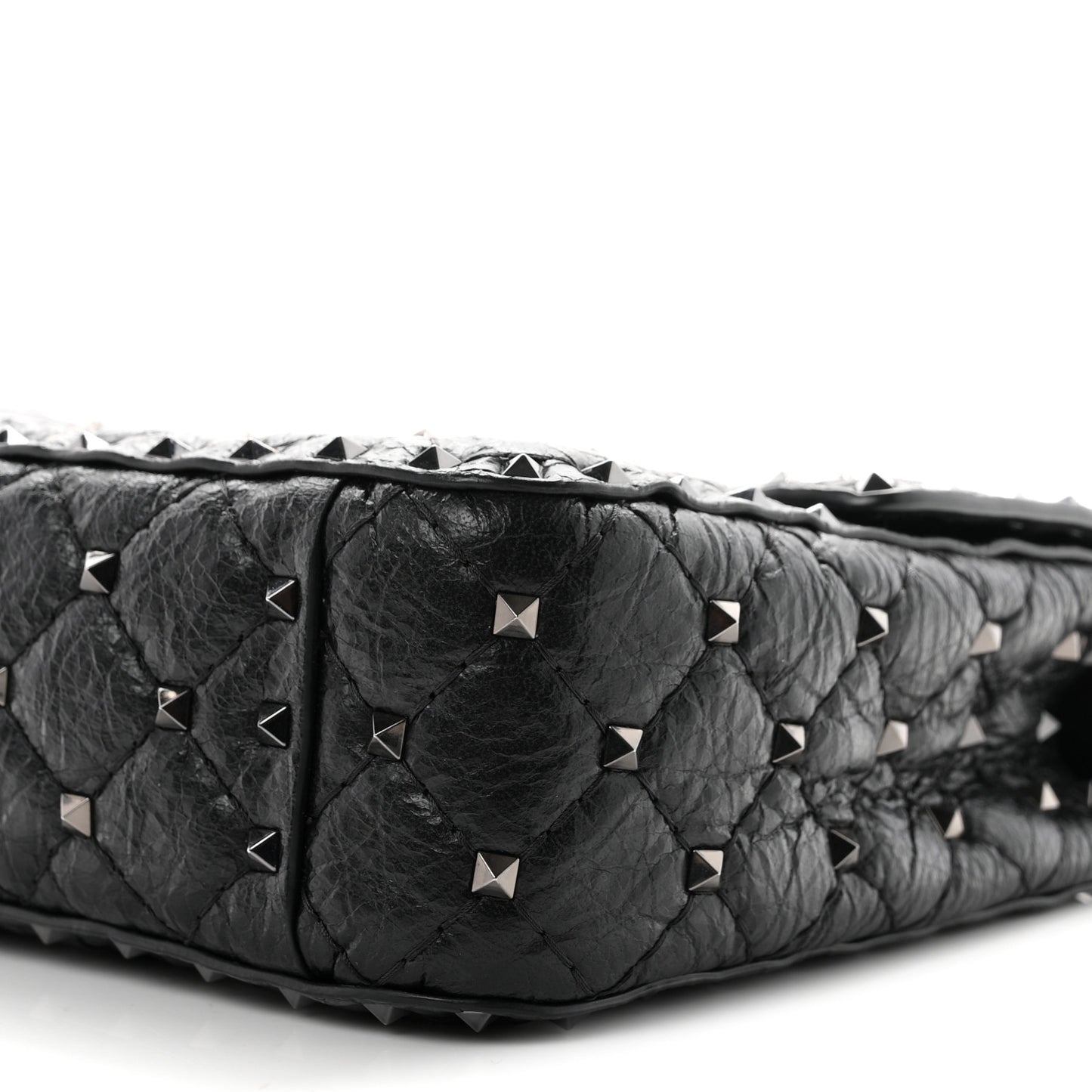 Craquele Nappa Medium Rockstud Spike Shoulder Bag Black