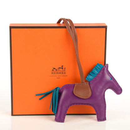 Hermes Milo Lambskin Grigri Rodeo Horse Bag Charm MM Anemone Bleu Izmir Fauve 3 of 4