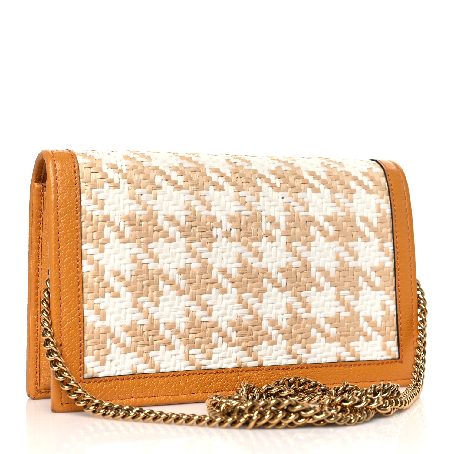 Gucci Polished Raffia Textured Dollar Calfskin Houndstooth Mini Diana Chain Bag Natural Sun Oil Mystic White 2 of 9