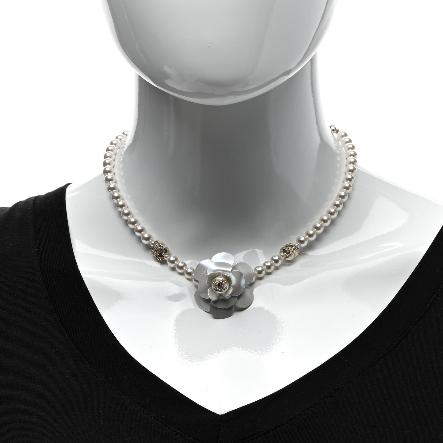 Pearl Crystal CC Camellia Choker Necklace Gold White